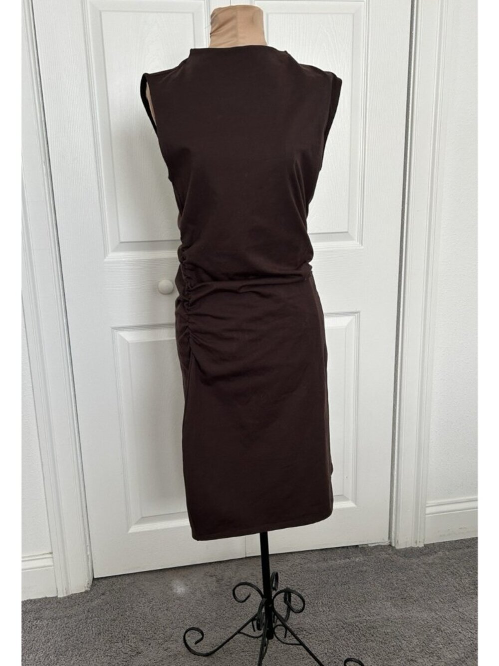Quince Stretch Cotton Jersey Mock Neck Mini Dress Espresso Brown Sz M